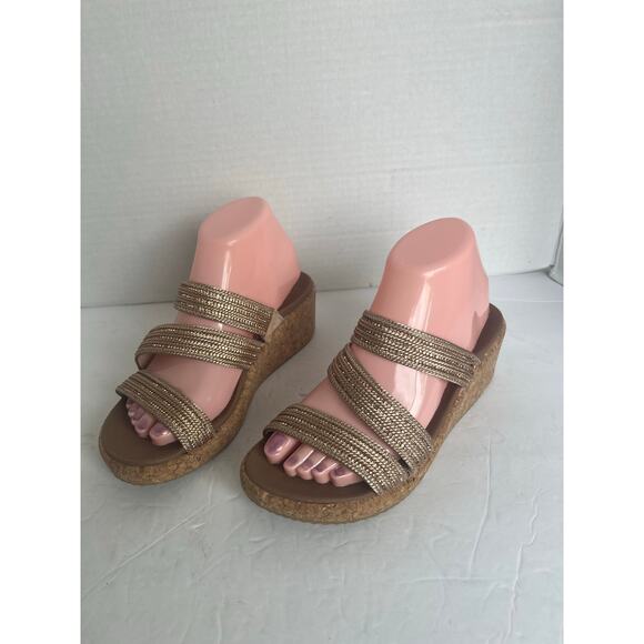 Skechers Beverley Arch Fit Sparkly Gold/Tan Wedge Slip On Strappy Sandals 7 - Picture 1 of 11